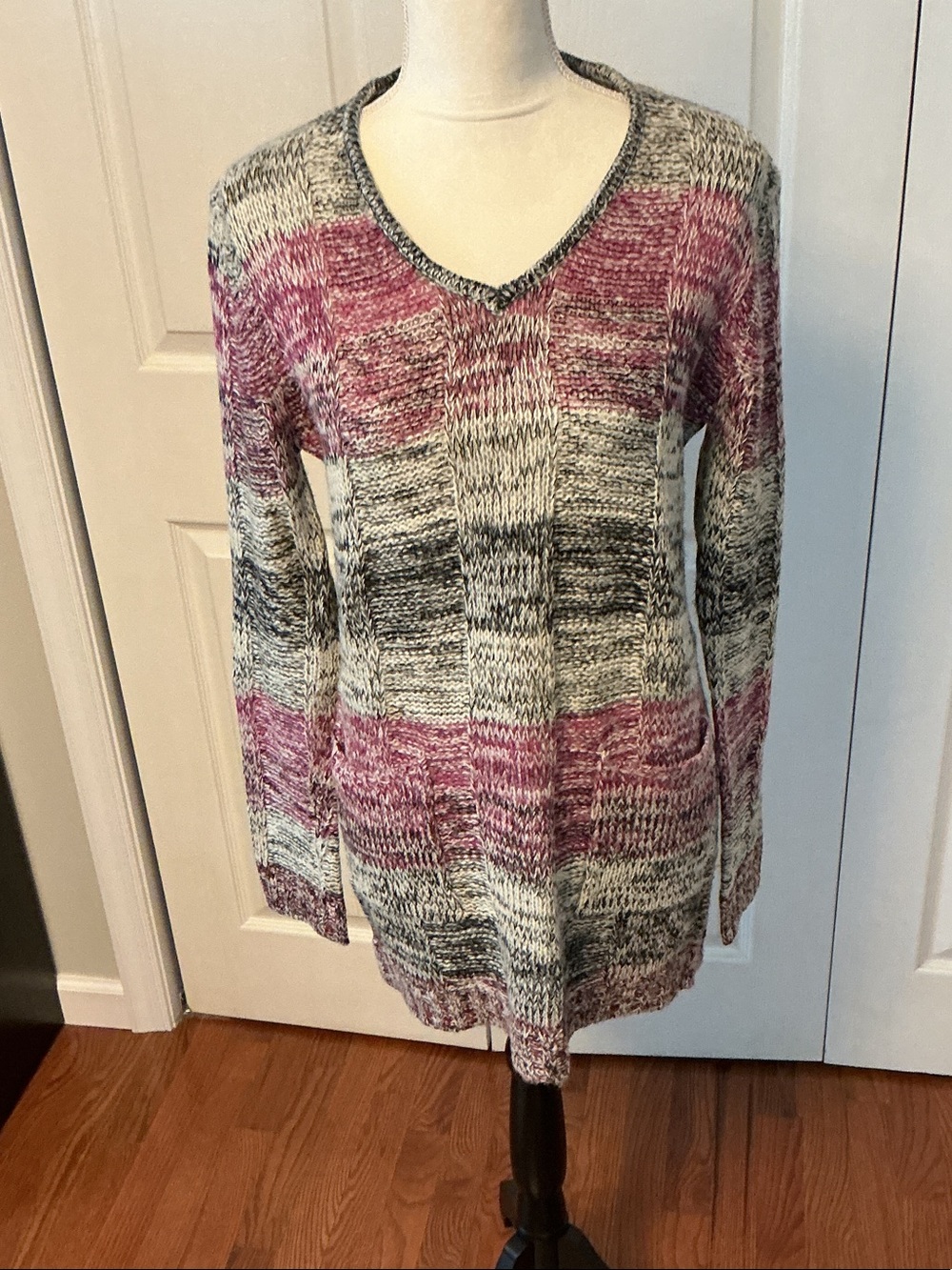 Poof! Marled Pink, Gray and White V-Neck Sweater